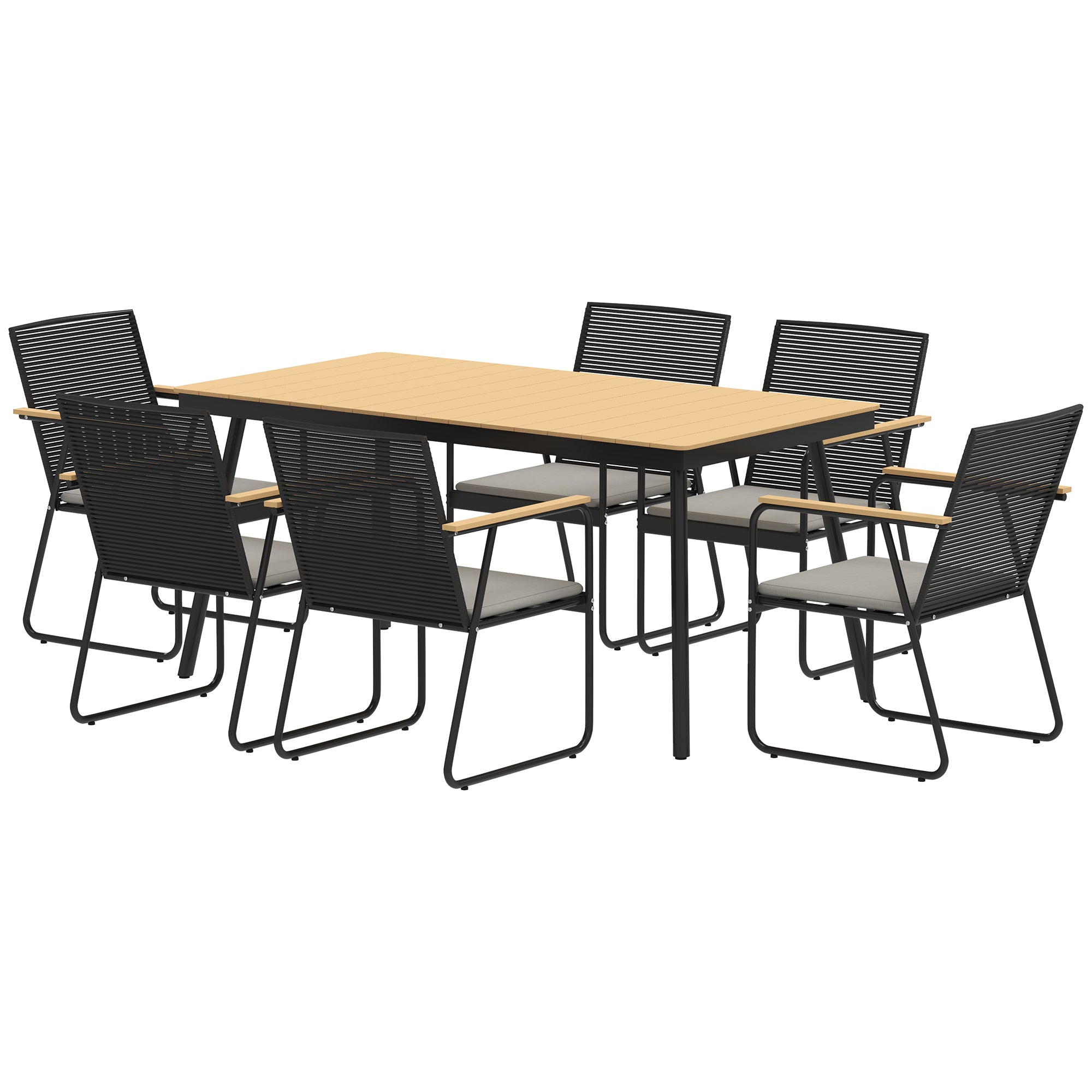7-delt metal spisebordssæt til 6 personer, spisebord med 6 stole, spisebordssæt, naturtræ + sort
