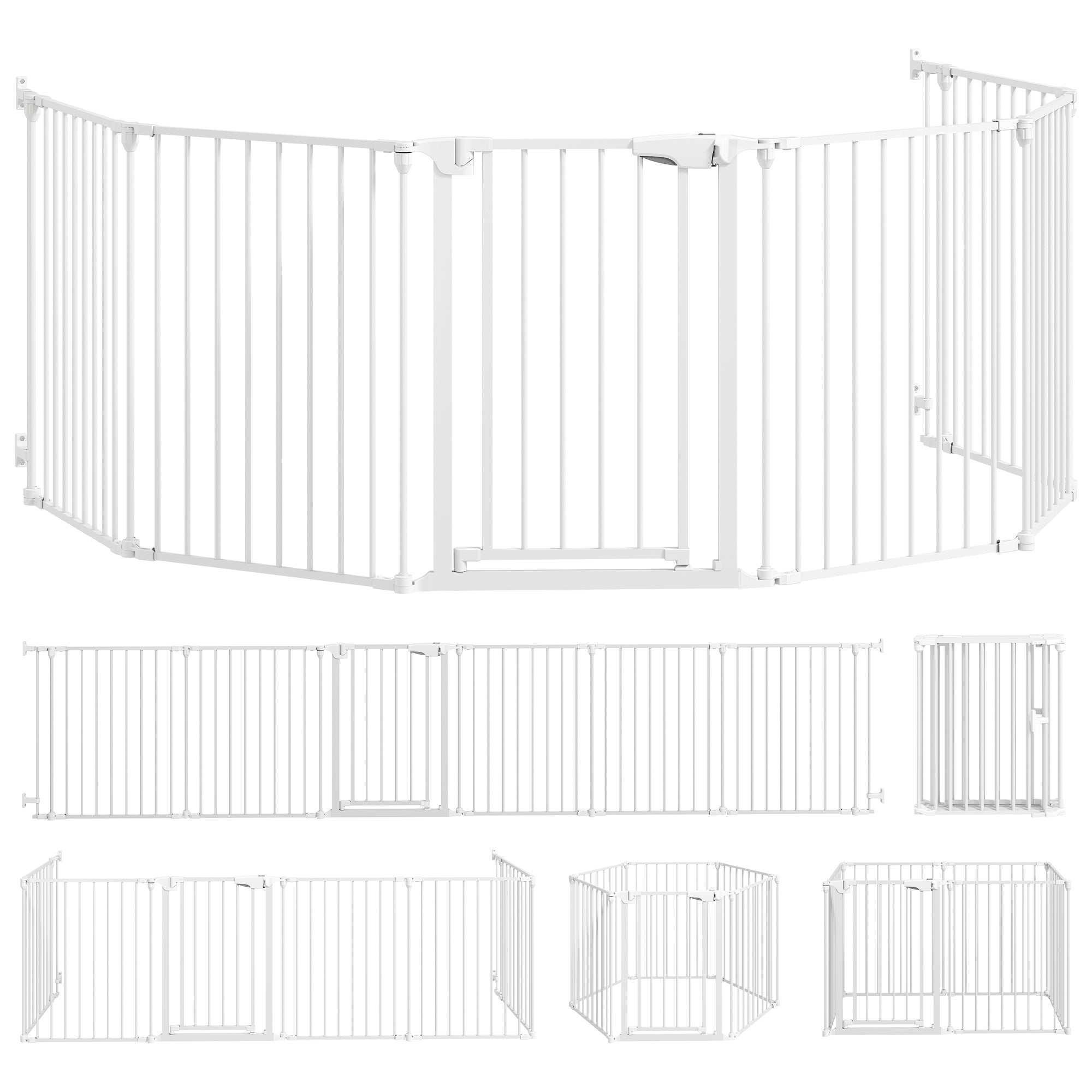 Kæledyrshegn, 6-panels barriere med dør, foldbar, til små og mellemstore hunde, plastik, kulstofstål, hvid