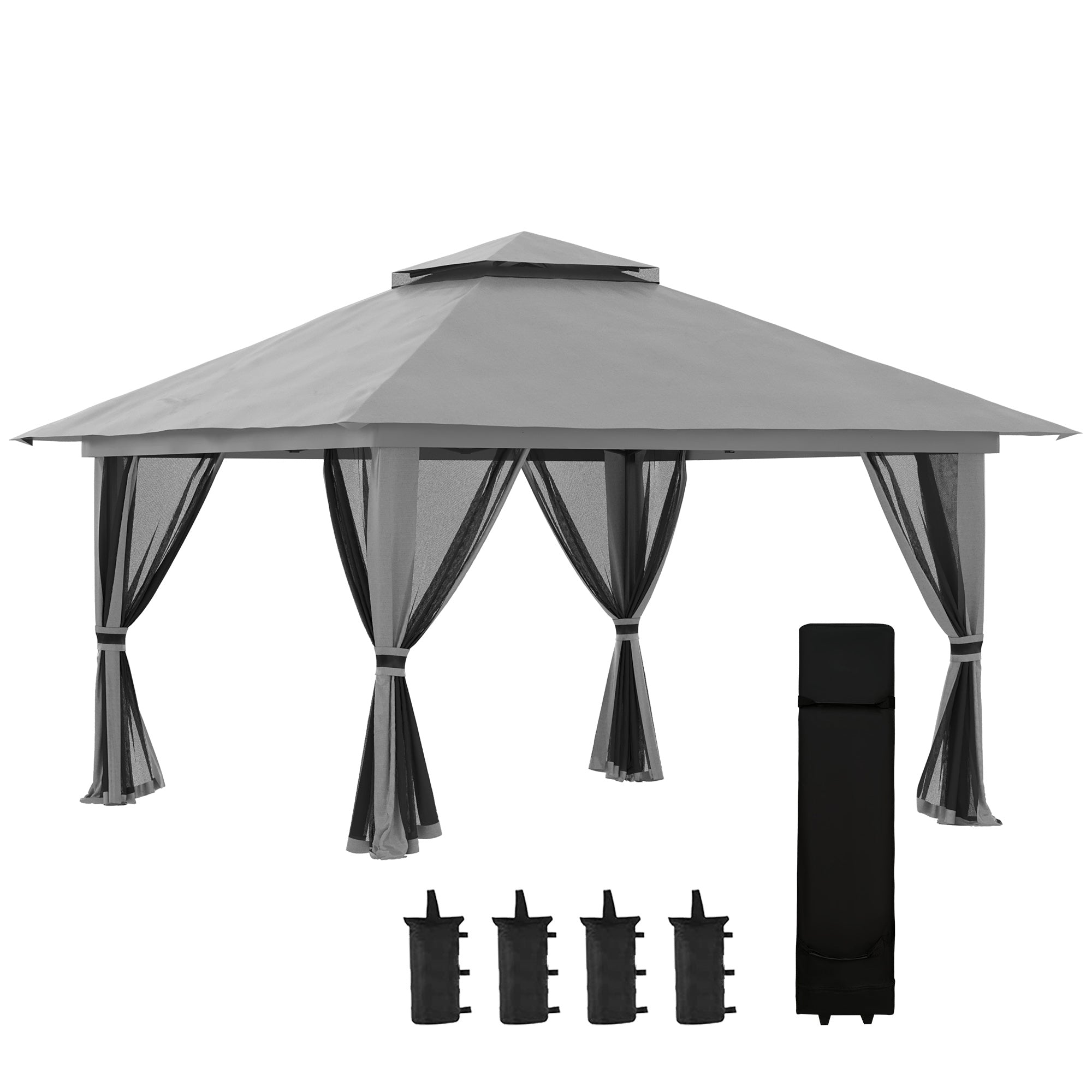 Foldbar pavillon, højdejusterbar, 4 netvægge, ventileret tag, bæretaske, hurtig montering, mørkegrå, 4 x 4 x 3 m