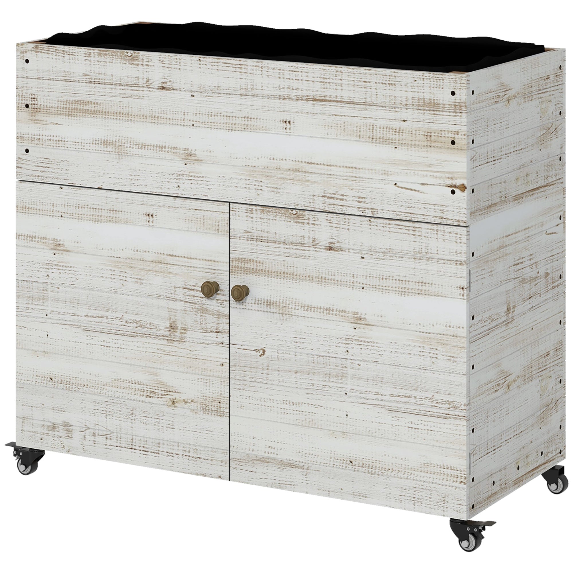 Højbed med hjul, skabsrum, indvendig foring, brugt look, 110x50x95 cm, hvid
