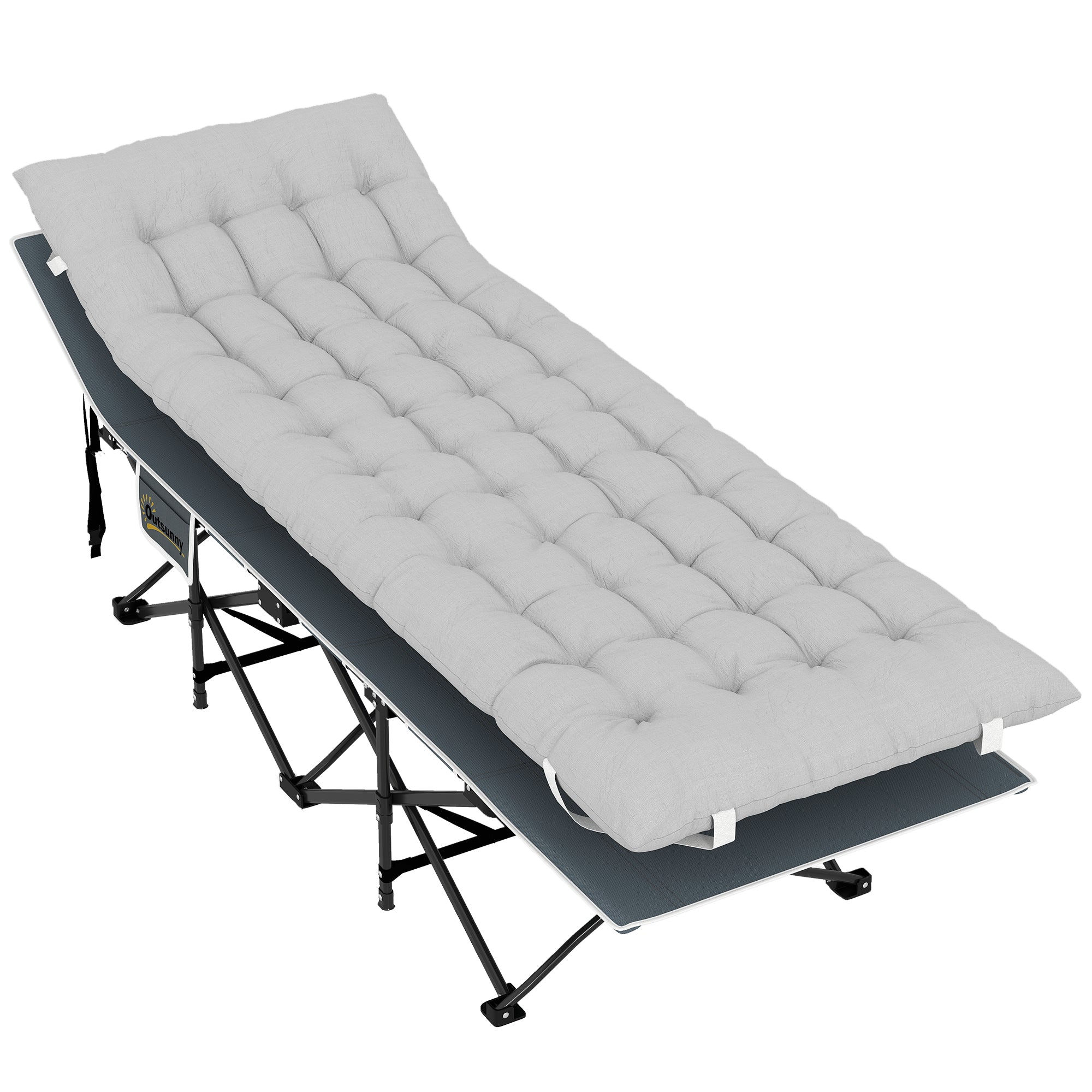 Sammenklappelig feltseng med madras, pude og sidelomme, 185 x 68 x 37 cm, op til 150 kg, lysegrå