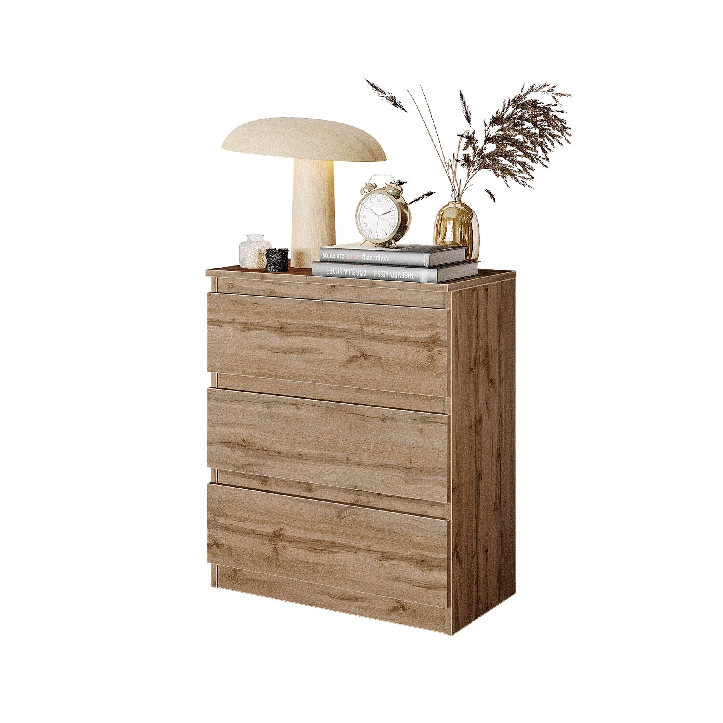 GABRIEL - Natbord / sengebord med 3 skuffer - Wotan Eg - H72cm B60cm D33cm