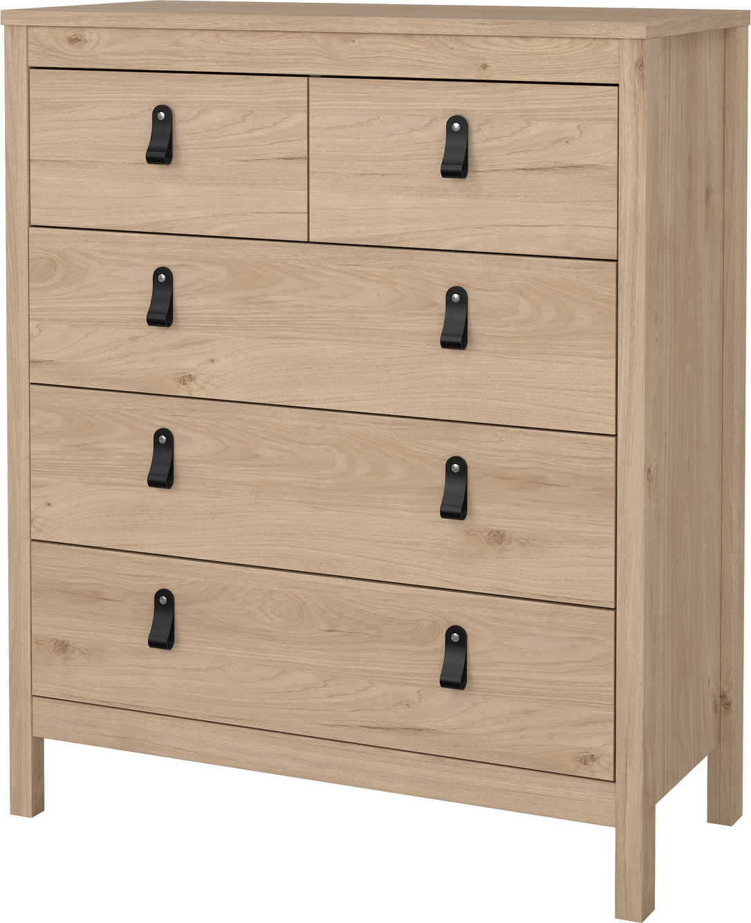 Kommode 5 skuffer Vesterholm Lunor, Jackson Hickory, dansk FSC-træ, læder/metal greb