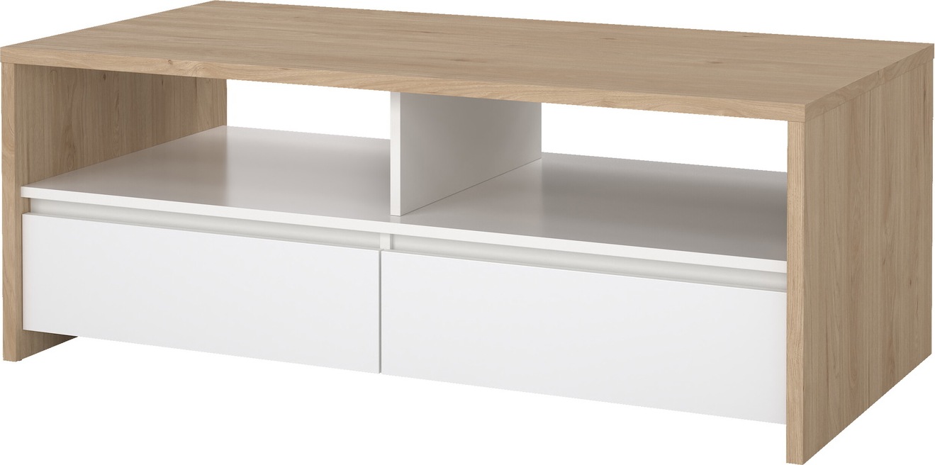 Sofabord/kaffebord Vesterholm Next 120x60 cm Jackson Hickory/hvid højglans med 2 skuffer, hylde og FSC-certificeret træ