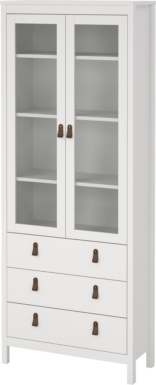 Vitrineskab Vesterholm Lunor - glasvitrine, hvid, 2 glasdøre, 3 skuffer, spånplade, H199ÃB78ÃD32 cm, FSC, klar til vægmontering