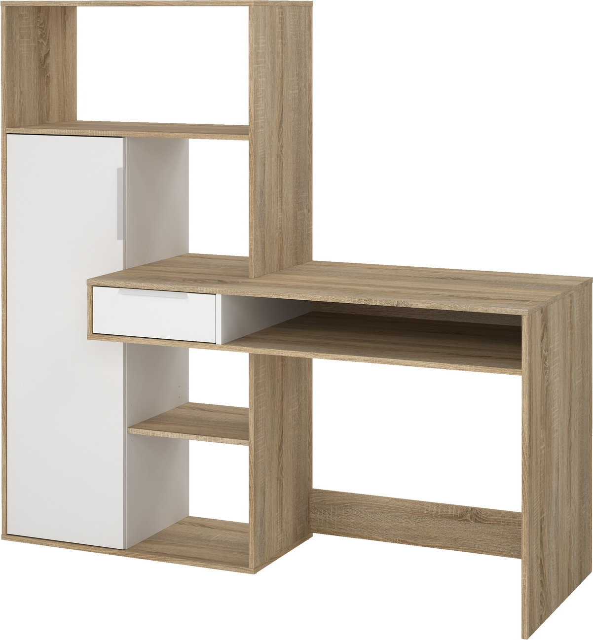Skrivebord Vesterholm Function Plus vægmonteret, natur/hvid, H155 x B163 x D60 cm, med skuffe & hylder, FSC