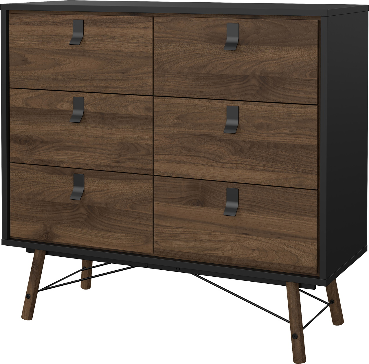 Kommode Vesterholm Askø 6 skuffer, valnød/mat sort, bøgeben, H95ÃB102ÃD40 cm