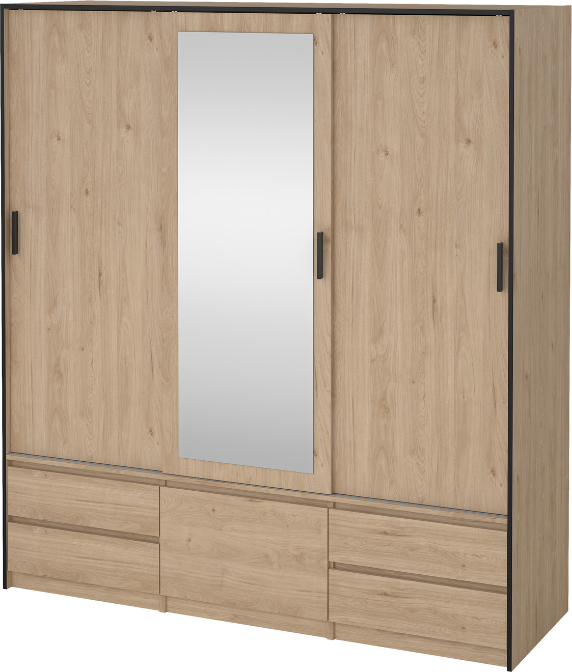 Garderobeskab Vesterholm Liva 3 skydedøre midterdør med spejl, 1 lille dør, 4 skuffer, Jackson Hickory, H200ÃB181ÃD60 cm