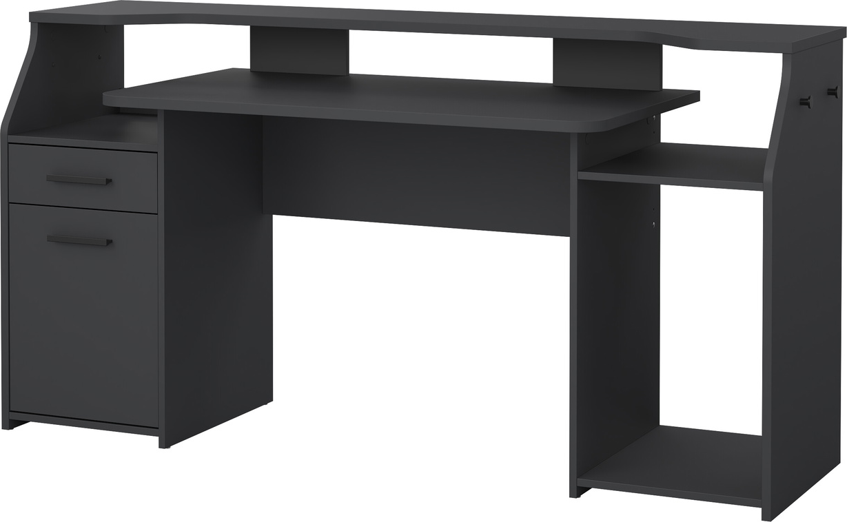 Skrivebord Vesterholm Function Plus, matgrå foliefinish, 171x62 cm, hævet skærmhylde, skuffe & låge