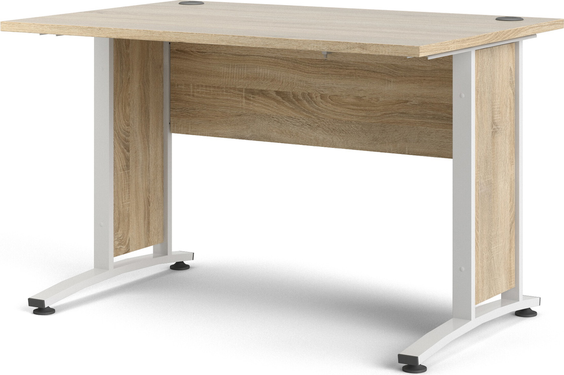 Skrivebord Vesterholm Prima 120x80 cm natur/hvid, foliebelagt spånplade, stål/plast ben, kabelgennemføringer, fremstillet i Danmark