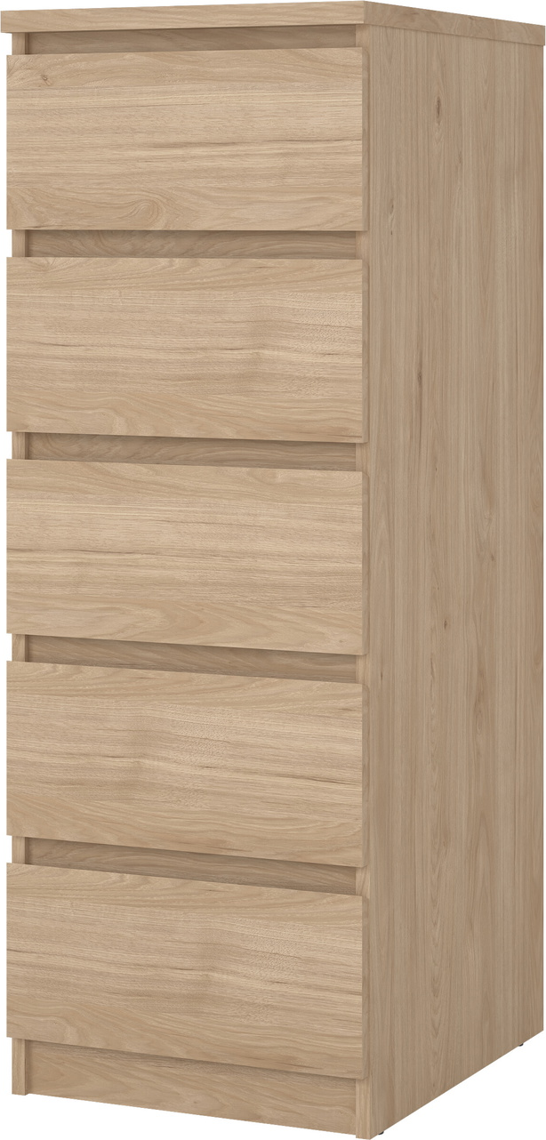 Kommode Vesterholm Naia, grebsfri 5 skuffer, Jackson Hickory, H111 x B40 x D50 cm, spånplade, dansk design