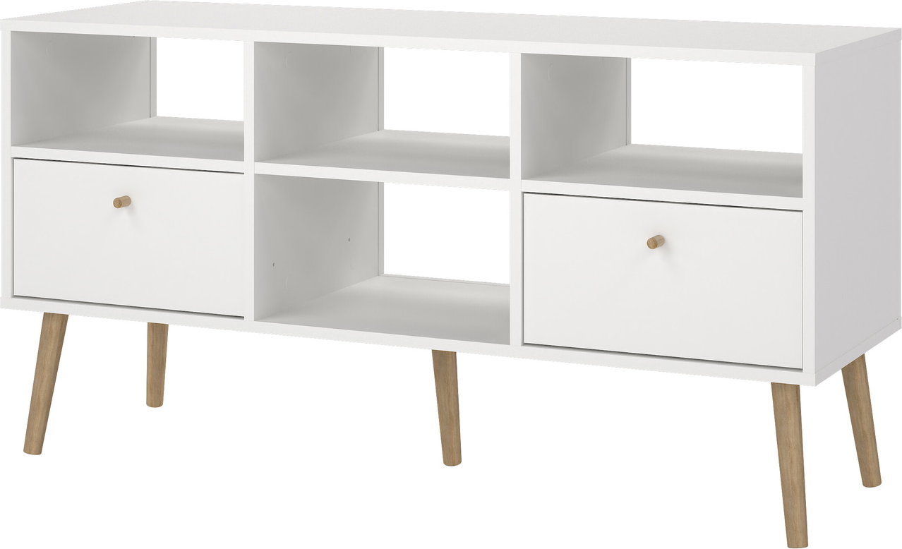 TV-bord Vesterholm Bodo hvid TV-møbel 2 skuffer 4 åbne rum folieret spånplade træhåndtag antivæltningsbeslag H61xB117xD39 cm