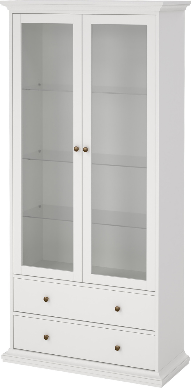 Vitrineskab Vesterholm Nora, hvid, 2 glasdøre & 2 skuffer, H200ÃB96ÃD42 cm, FSC-spånplade