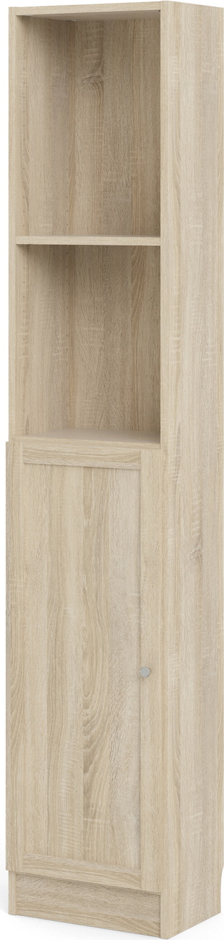 Bogreol Vesterholm Basic, høj slank opbevaringsreol i natur egestruktur 203x41x28 cm, dør og åbne hylder, vægmonteret, dansk