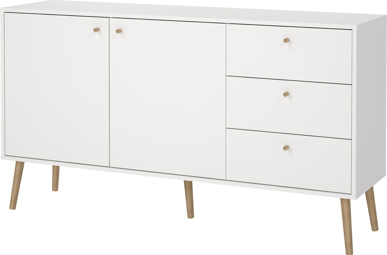 Skænk Vesterholm Bodo, hvid folie, 2 døre, 3 skuffer, justerbare hylder, massivt træhåndtag, B147 x D39 x H82 cm