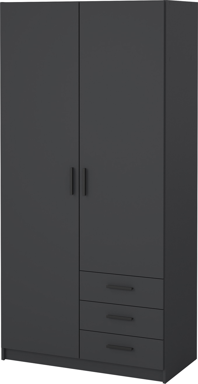 Garderobeskab Vesterholm Sprint, matgrå - 2 døre, 3 skuffer, tøjstang, 4 hylder 2 justerbare, H200xB99xD50 cm, spånplade, FSC