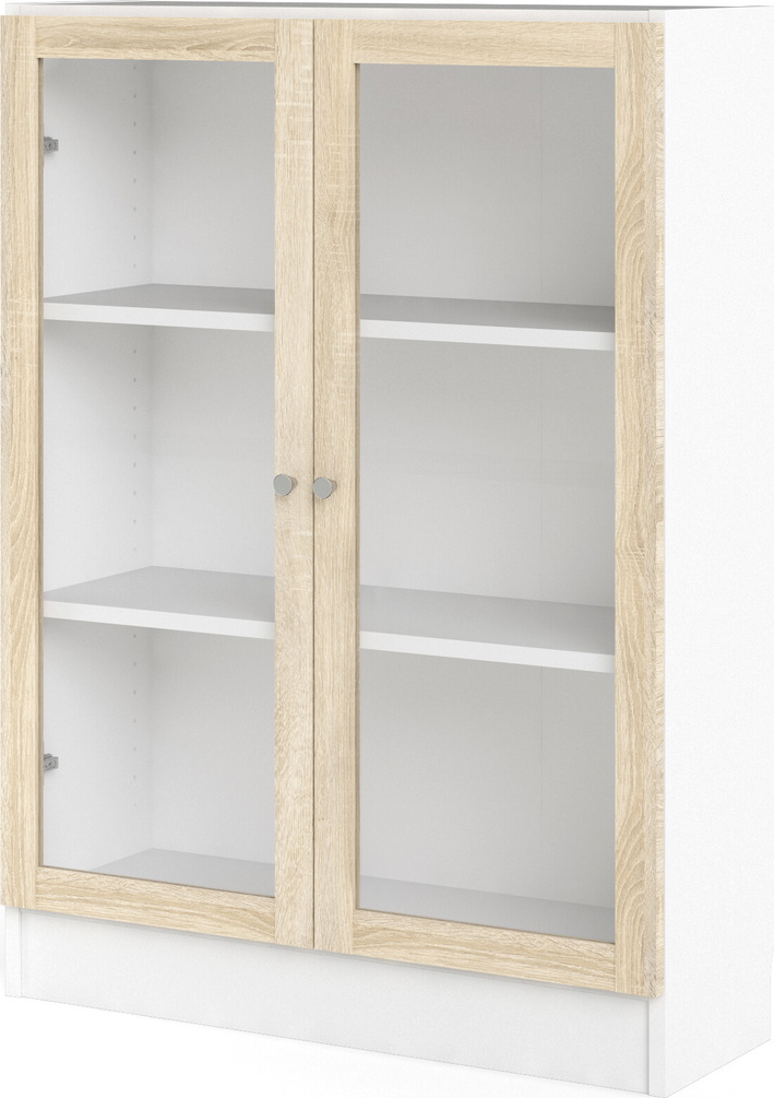 Bogreol Vesterholm Basic vægmonteret opbevaringsreol med glasdøre, hvid krop/natur egetræslook, H107ÃB79ÃD28 cm
