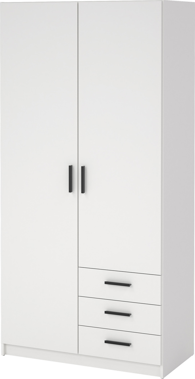 Garderobeskab Vesterholm Sprint  -  hvid garderobe, 2 døre, 3 skuffer, tøjstang, H200 x B99 x D50 cm, FSC
