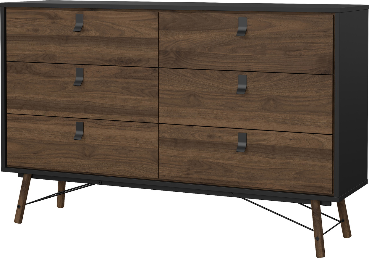 Dobbelt kommode Vesterholm Askø, 6 skuffer, valnød/mat sort, FSC, B150ÃD40ÃH95 cm
