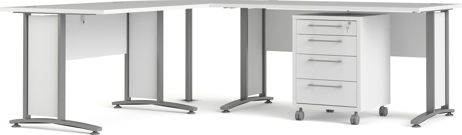 Hjørneskrivebord Vesterholm Prima L-formet 200 x 230 cm hvid/sølvgrå med mobil kassette og lås