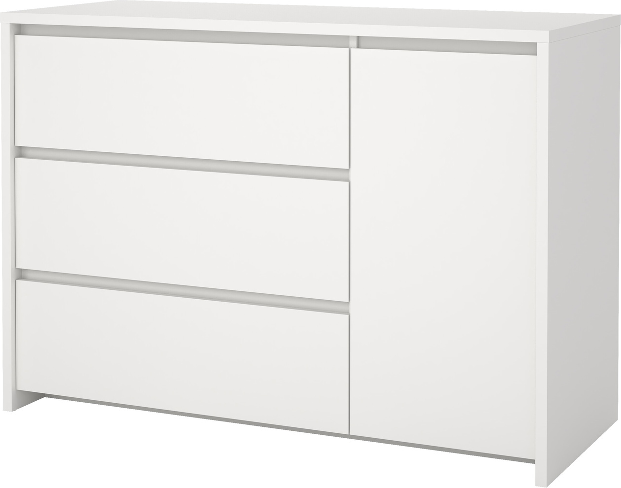Skænk Vesterholm Next, hvid foliefinish, 3 skuffer og 1 dør med 2 justerbare hylder, vægmonteret, FSC, H84ÃB119ÃD48 cm