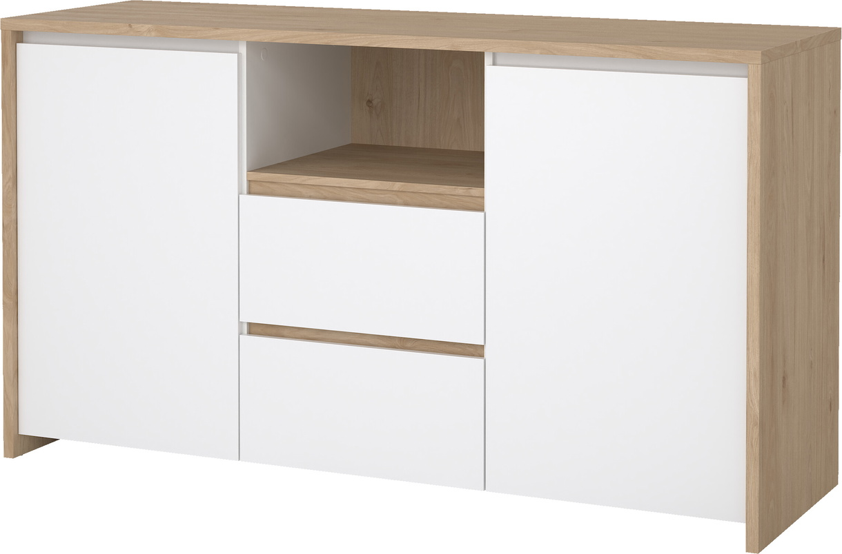 Skænk/sideboard Vesterholm Next, Jackson Hickory/Hvid højglans  -  2 døre, 2 skuffer, åbent rum, FSC, H83,8xB148,6xD48,1 cm