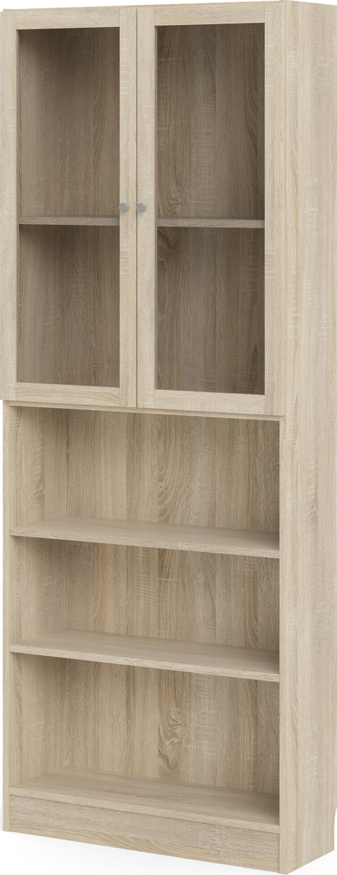 Bogreol/reol Vesterholm Basic med glasdøre og åbne hylder, natur egefolie, vægmonteret, H203ÃB79ÃD28 cm