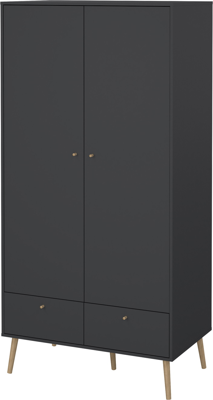 Garderobeskab Vesterholm Bodo matgrå H200xB99xD58 cm  -  tøjstang, 1 hylde, 2 skuffer, trægreb, anti-vælte