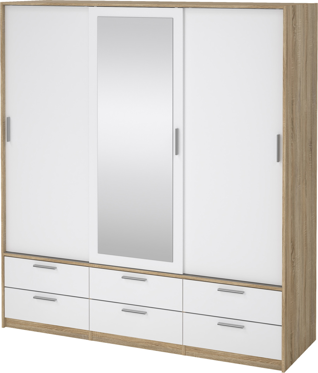 Garderobeskab Vesterholm Liva 3 døre 6 skuffer indbygget spejl egestruktur/hvid højglans vægmonteret H200 B181,4 D60,25 cm