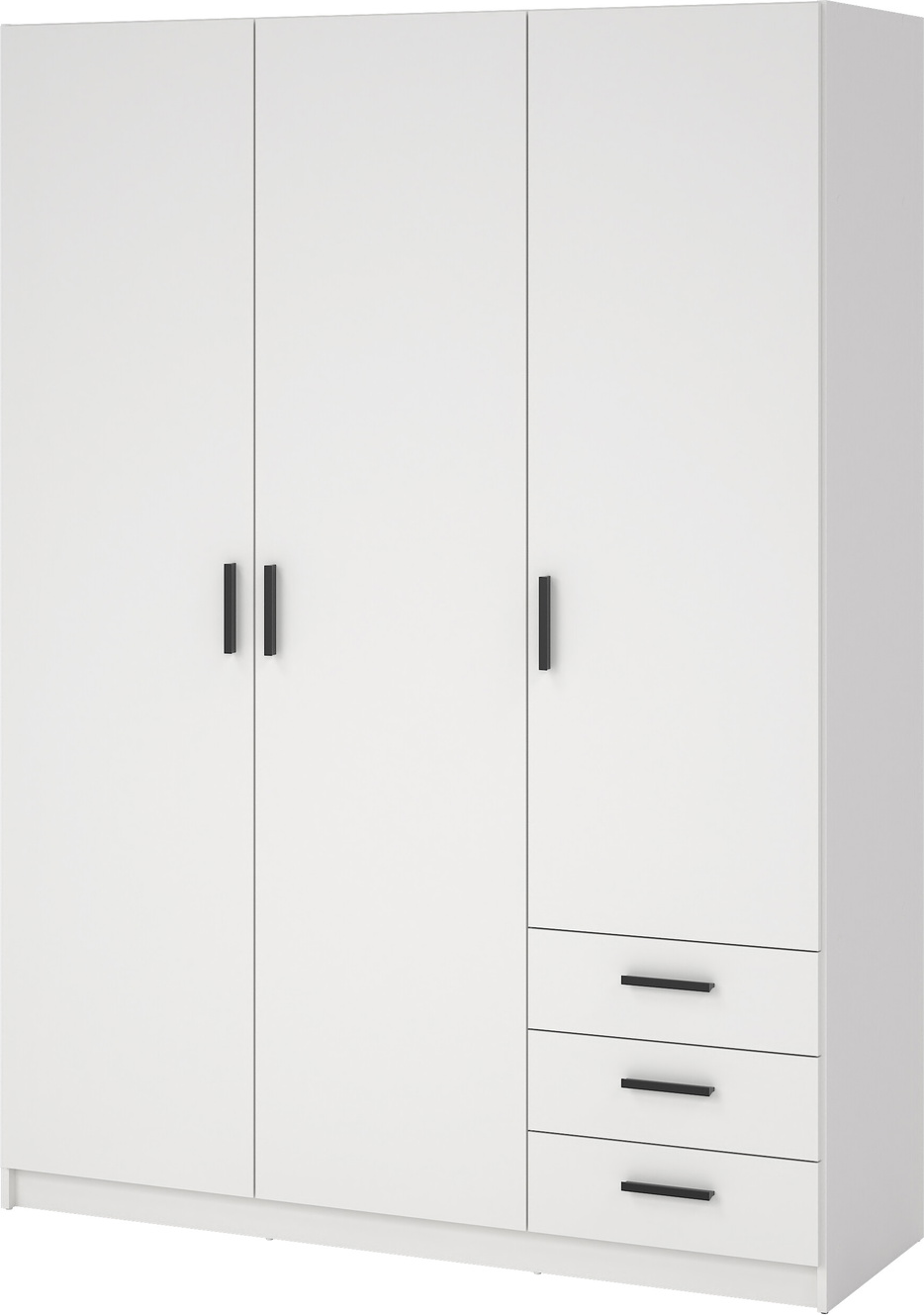 Garderobeskab Vesterholm Sprint H200 B147 D50 cm, hvid med sorte håndtag, 3 døre, tøjstang, 3 skuffer, justerbare hylder