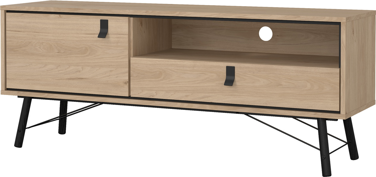TV-bord Vesterholm Askø 150 cm Jackson Hickory - tv-møbel med skuffe, låge, åbent rum og kabelstyring, bøgben & metal