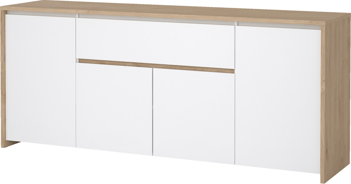 Skænk Vesterholm Next, Jackson Hickory top & hvid højglans, 197x48x83,8 cm, 4 døre & 1 skuffe