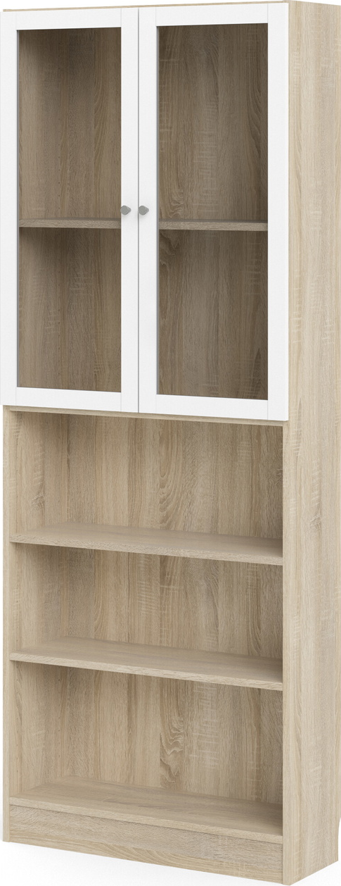 Bogreol Vesterholm Basic, glasdøre og åbne hylder, hvid låge/natur, H203ÃB79ÃD28 cm