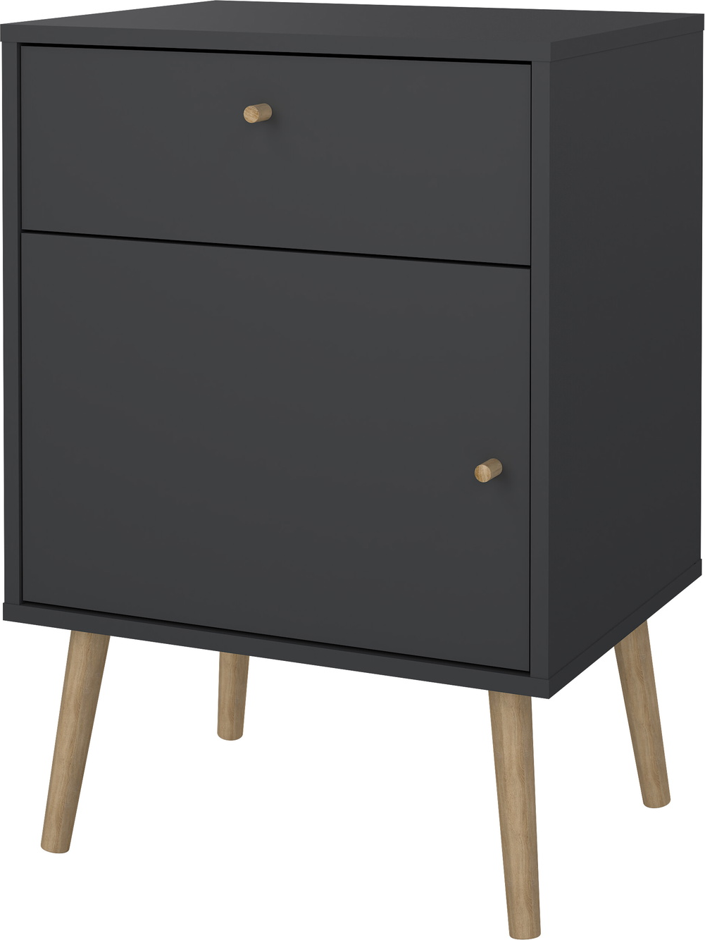 Sengebord Vesterholm Bodo højt H72 cm matgrå til høje senge med massivt træ-håndtag, 1 skuffe & skjult rum