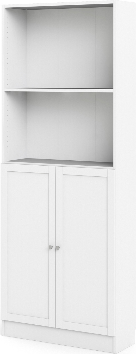 Bogreol Vesterholm Basic, hvid spånplade, høj smal reol med 2 hylder og låger, H203xB79xD28 cm