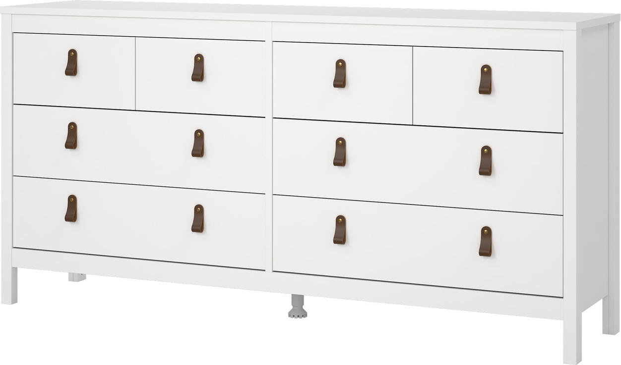 Dobbeltkommode Vesterholm Lunor hvid 8 skuffer FSC spånplade B159,6xD38,4xH79,7 cm med lædergreb