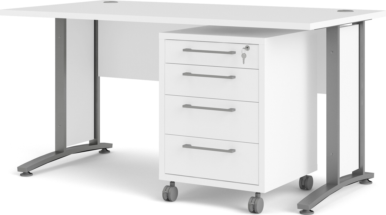Skrivebord Vesterholm Prima 150x80 cm - hvid melamin med mobil kassette på låsbare hjul, stål/plast ben, dansk design