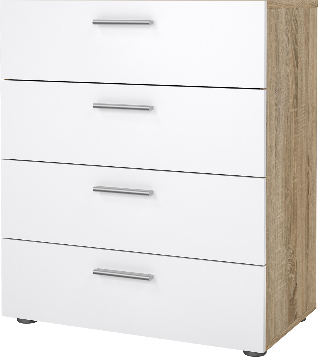 Kommode Vesterholm Pepe, 4 skuffer  -  natur/egetræsstruktur & hvid højglans, FSC, H82 x B70 x D40 cm