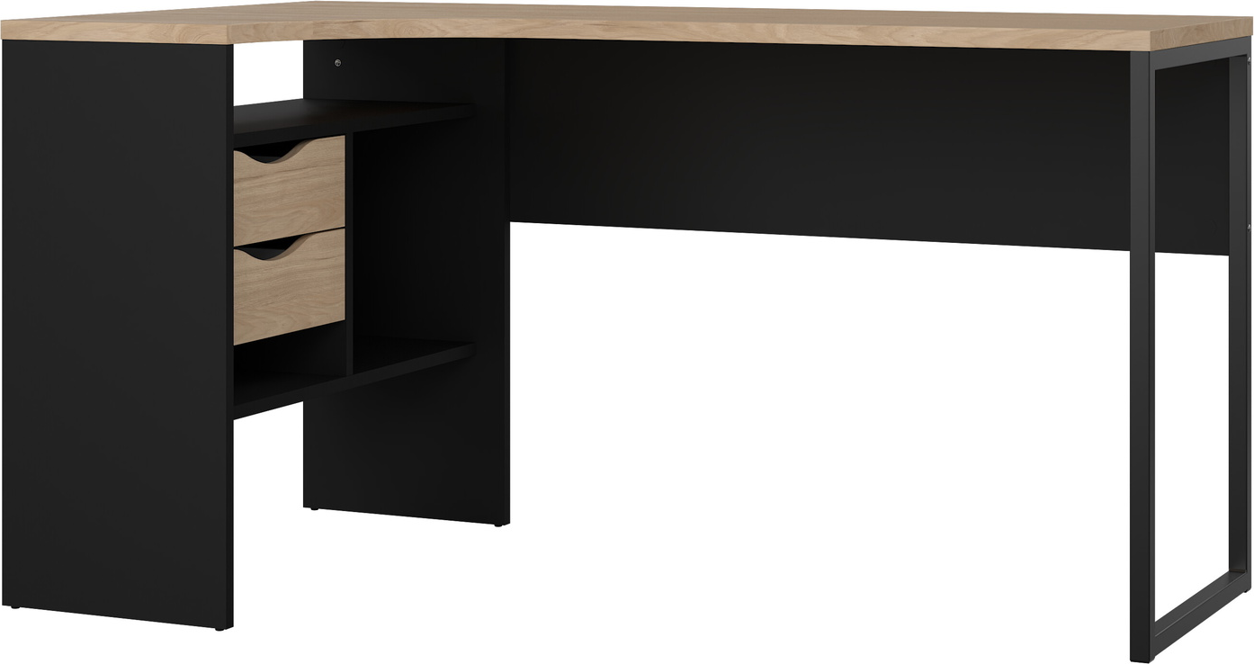 Skrivebord Vesterholm Function plus L-formet hjørnebord matsort/Jackson Hickory 145Ã81 cm m/2 skuffer og hylder