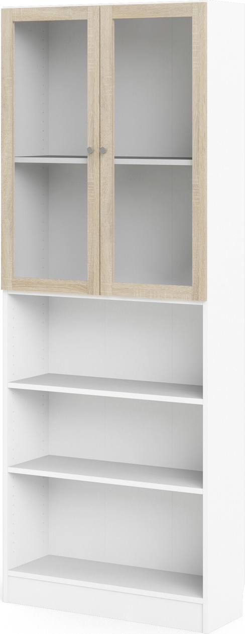 Bogreol/Reol Vesterholm Basic, glasdøre og åbne hylder, H203 x B79 x D28 cm, natur låge/hvid, vægmonteret