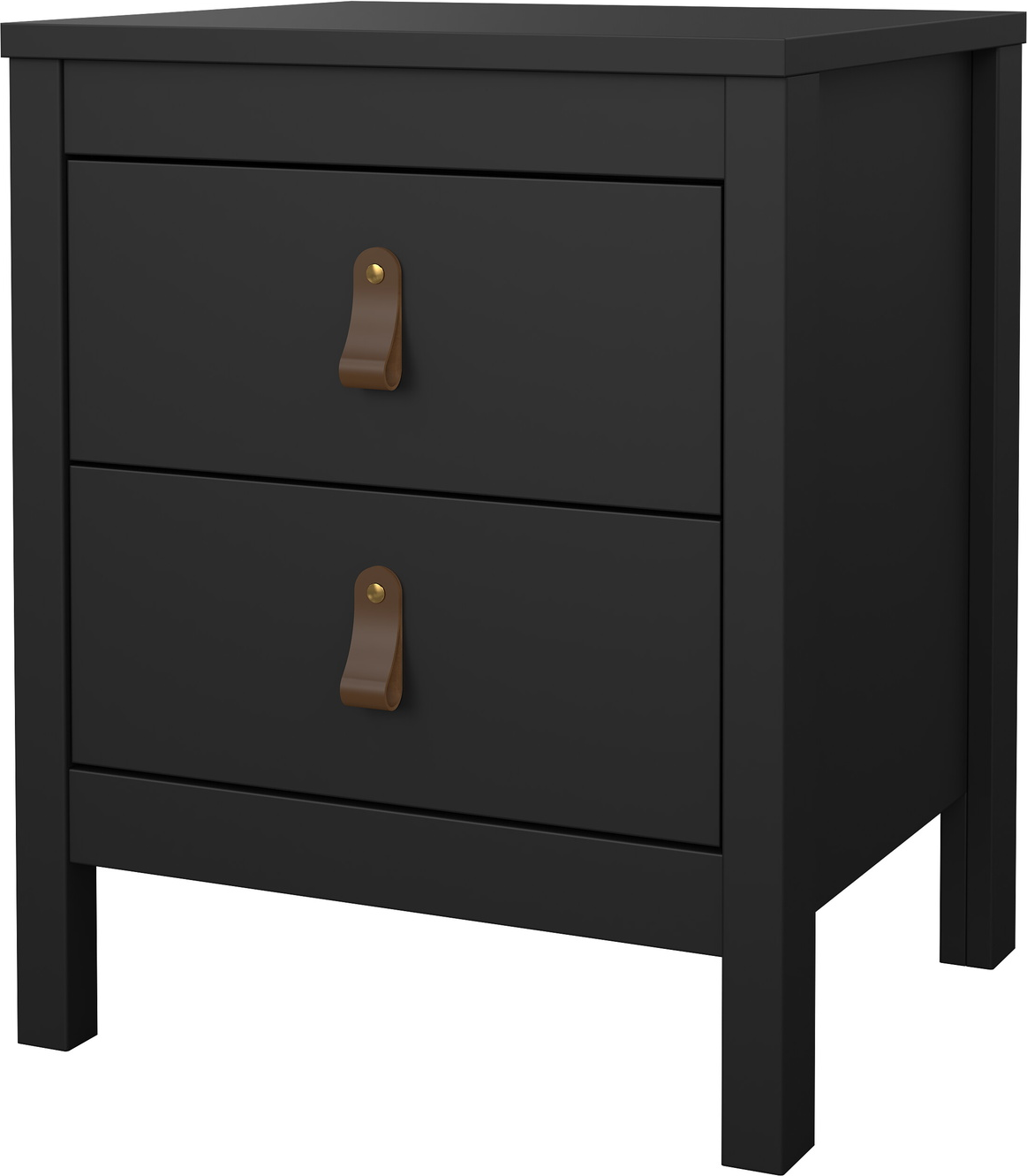 Sengebord/natbord Vesterholm Lunor  -  mat sort, 2 skuffer, lædergreb, FSC-certificeret, danskproduceret, H54ÃB44ÃD38 cm