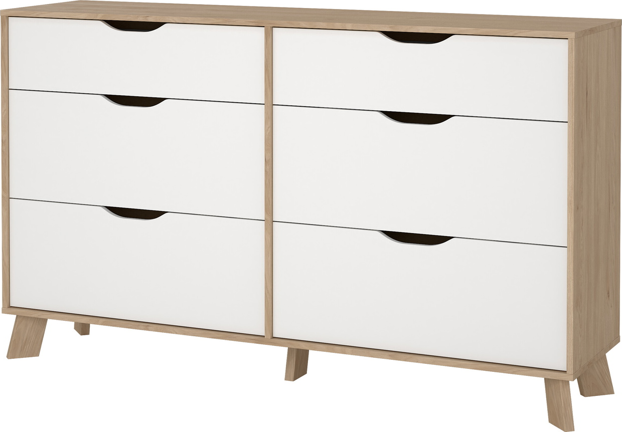 Dobbeltkommode Vesterholm Ikast  -  6 skuffer, Jackson Hickory/Hvid, B155ÃD39.8ÃH92.2 cm