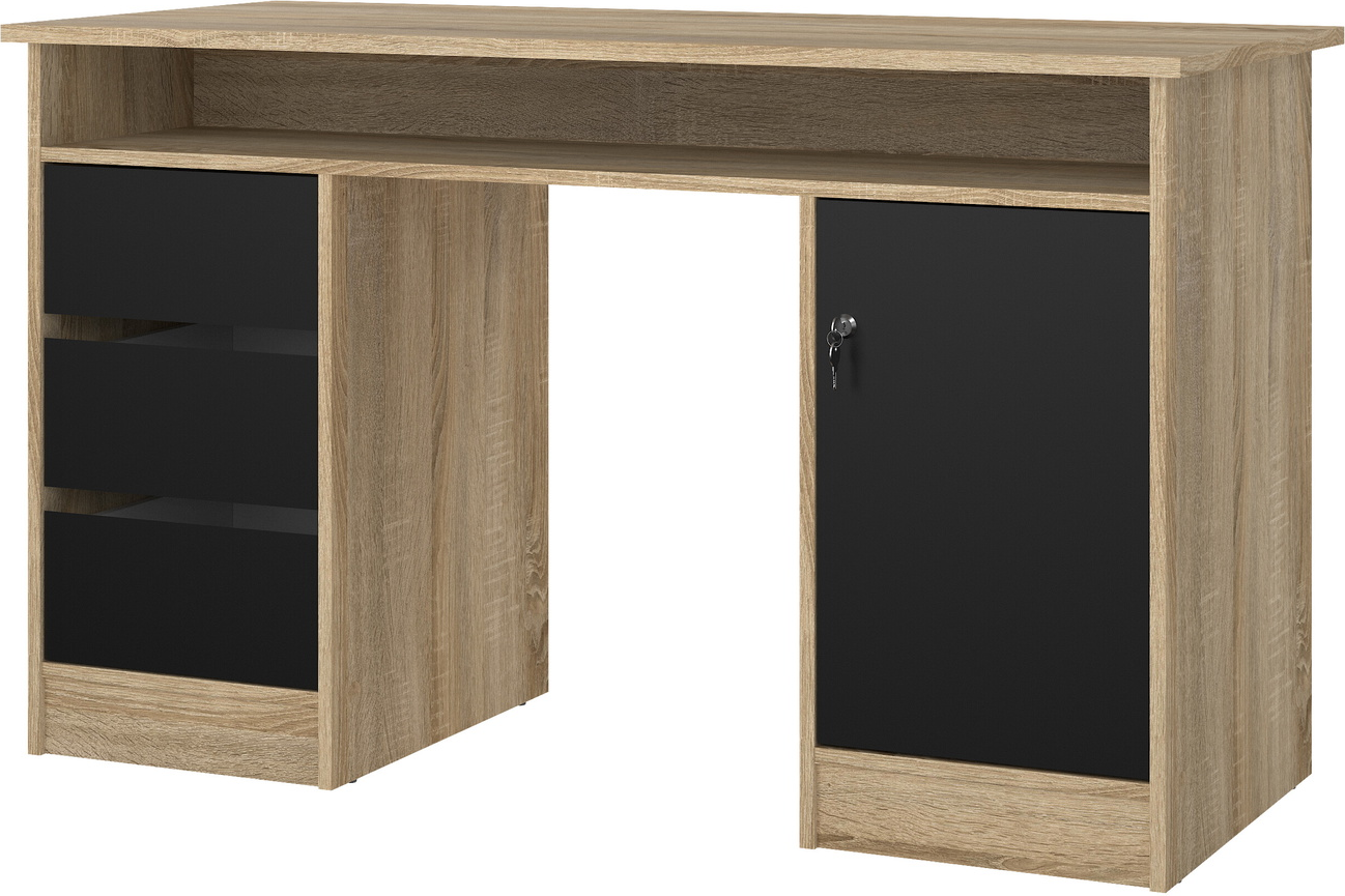 Skrivebord Vesterholm Function Plus, egestruktur/sorte fronter, 3 skuffer, foliebeklædt bordplade, 126x55x75,6 cm, FSC
