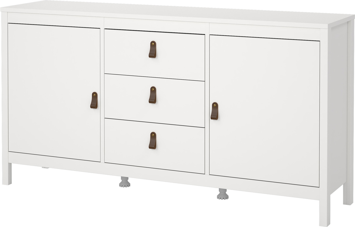 Skænk/sideboard Vesterholm Lunor, 2 låger 3 skuffer, hvid, med lædergreb, FSC-træ, vægmonteret, B151ÃD38ÃH80 cm