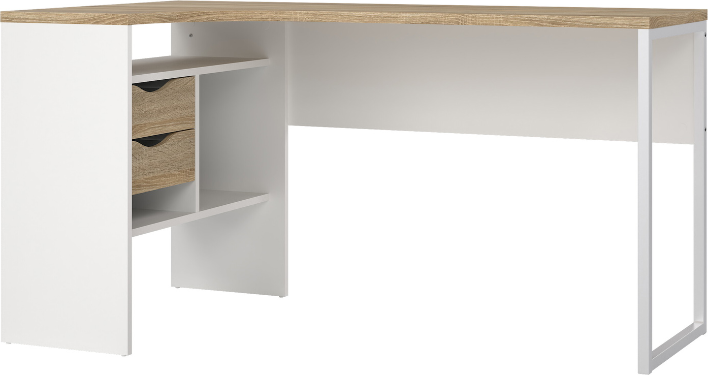 Skrivebord Vesterholm Function Plus L-formet, natur/hvid, FSC spånplade, stålben, skuffer og opbevaring