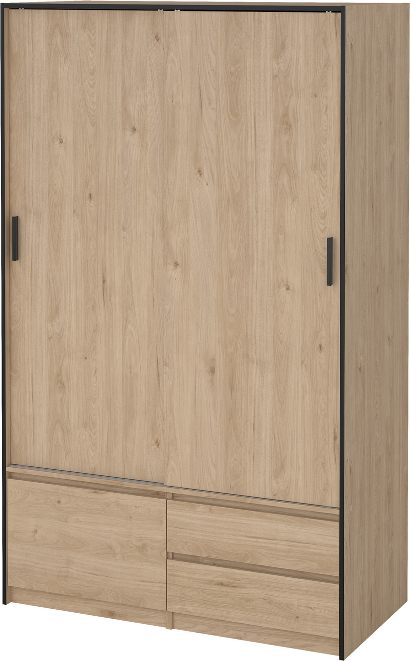 Garderobeskab Vesterholm Liva, Jackson Hickory - vægmonteret, 2 skydedøre, 1 dør, 2 skuffer, H200ÃB121ÃD60 cm