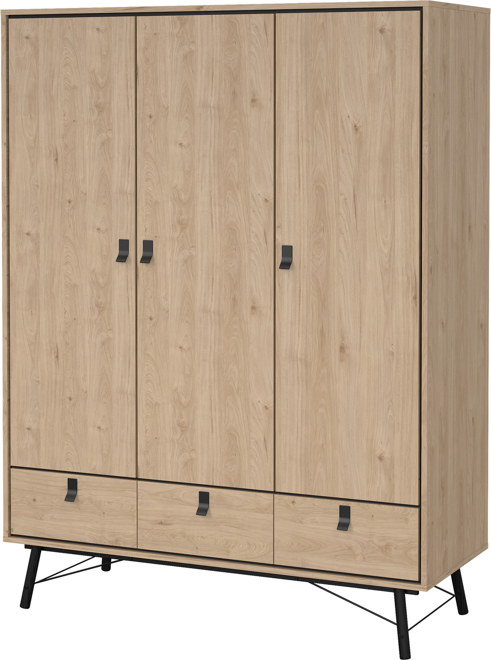 Garderobeskab Vesterholm Askø 3 døre 3 skuffer, Jackson Hickory trælook H200ÃB150ÃD60 cm, FSC-spånplade, metalgreb