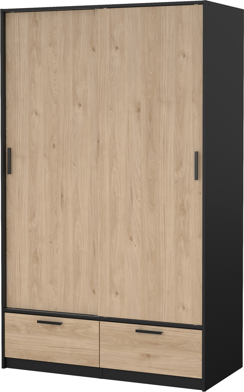 Garderobeskab Vesterholm Liva 2 døre 2 skuffer mat sort/Jackson Hickory H200xB121xD60 cm