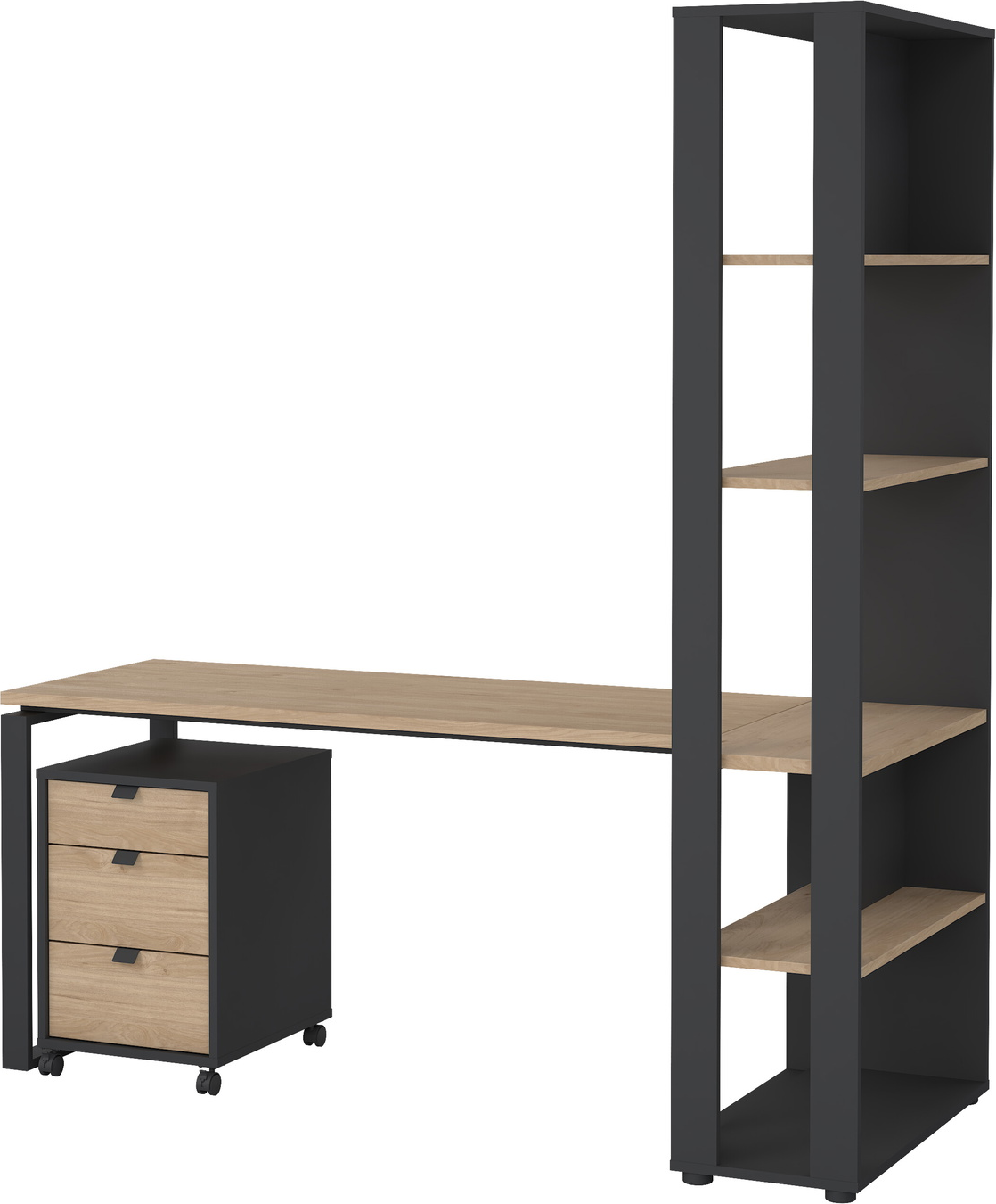 Skrivebord med mobilt skab og bogreol Vesterholm Formé, spånplade, Jackson-hickory matgrå, skuffehåndtag i stål, H205ÃB184ÃD80 cm