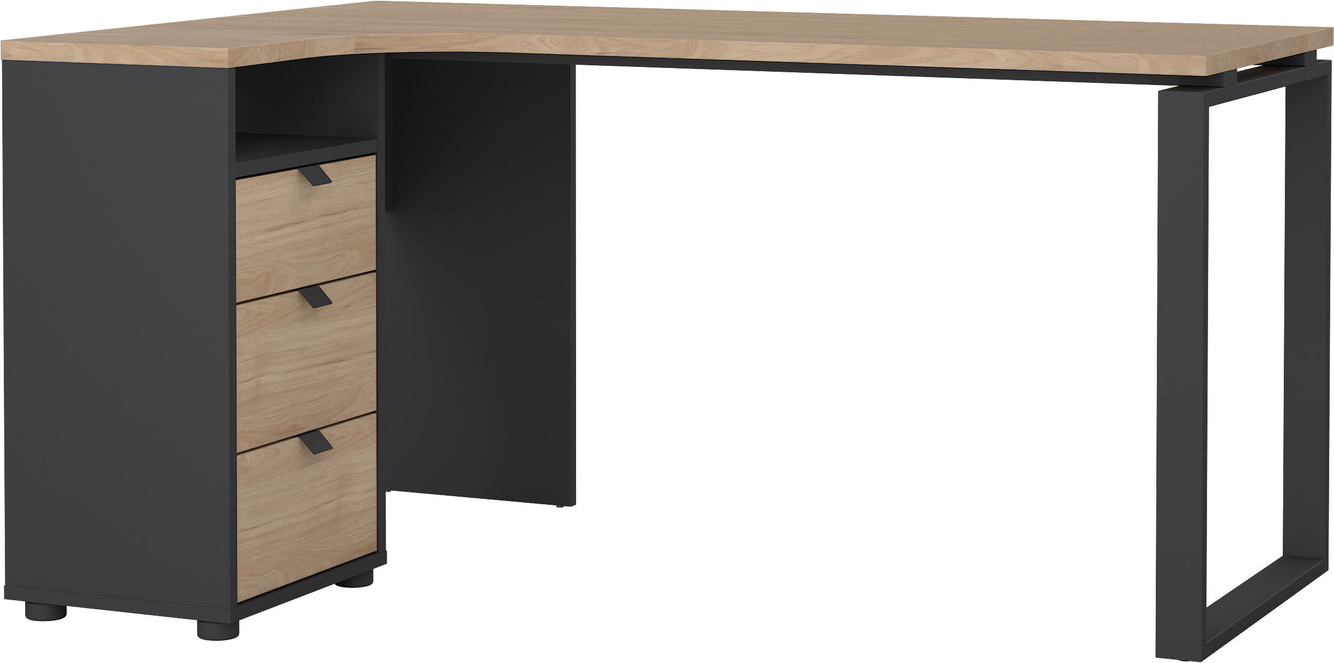Hjørnekontorbord / skrivebord Vesterholm Formé Jackson-hickory mat grå 150Ã99,6 cm skab med 3 skuffer FSC